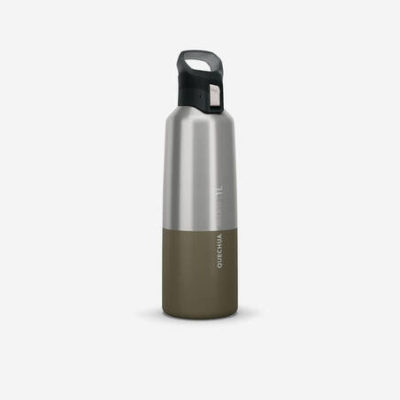 1 L stainless steel water bottle with quick-open cap for hiking - Khaki