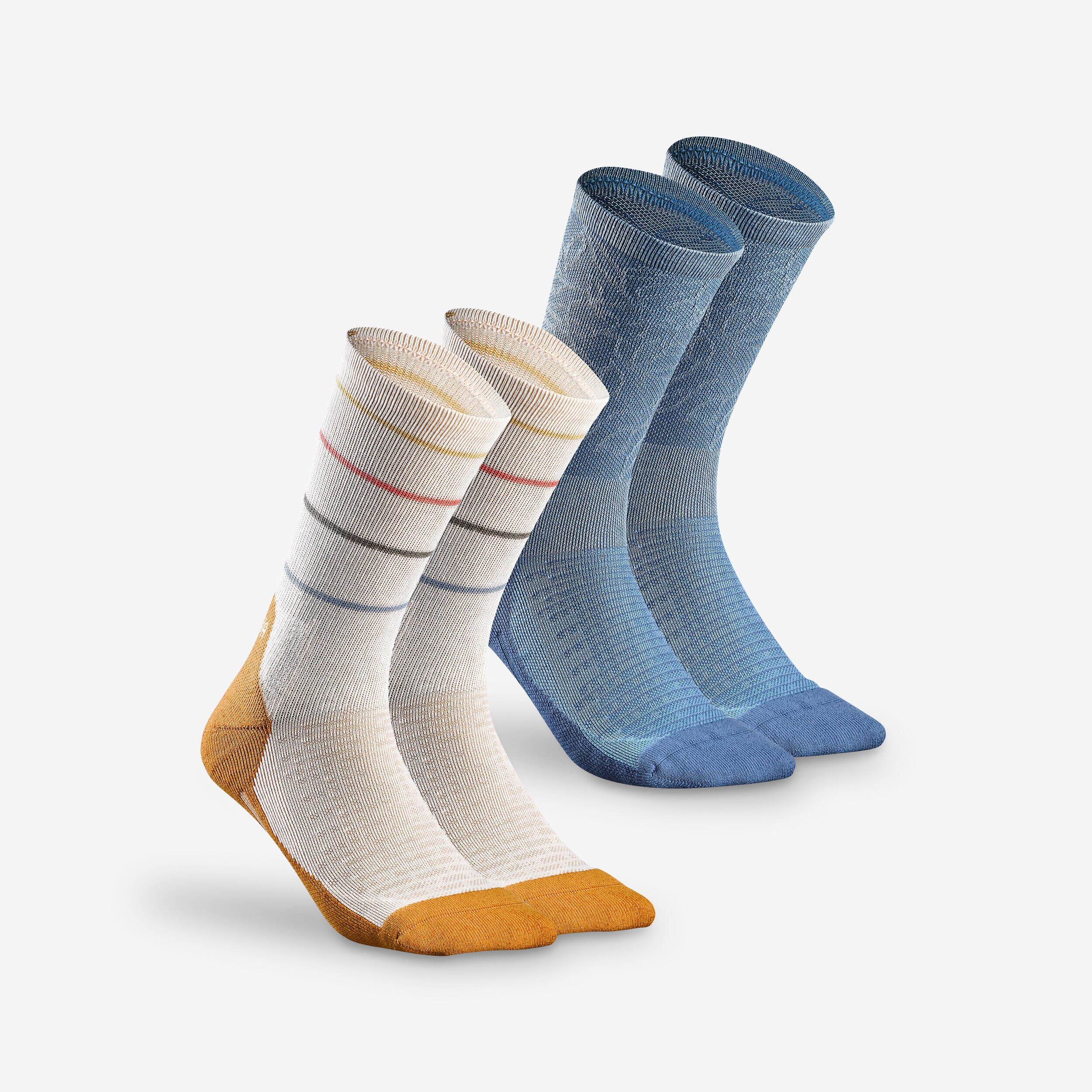 QUECHUA Hike 100 High Socks  - Trendy stripes and blue - Pack of 2 pairs
