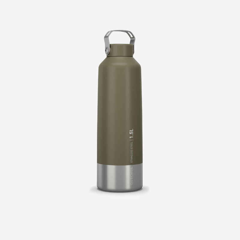 1.5 L stainless steel flask with screw cap for hiking - Khaki