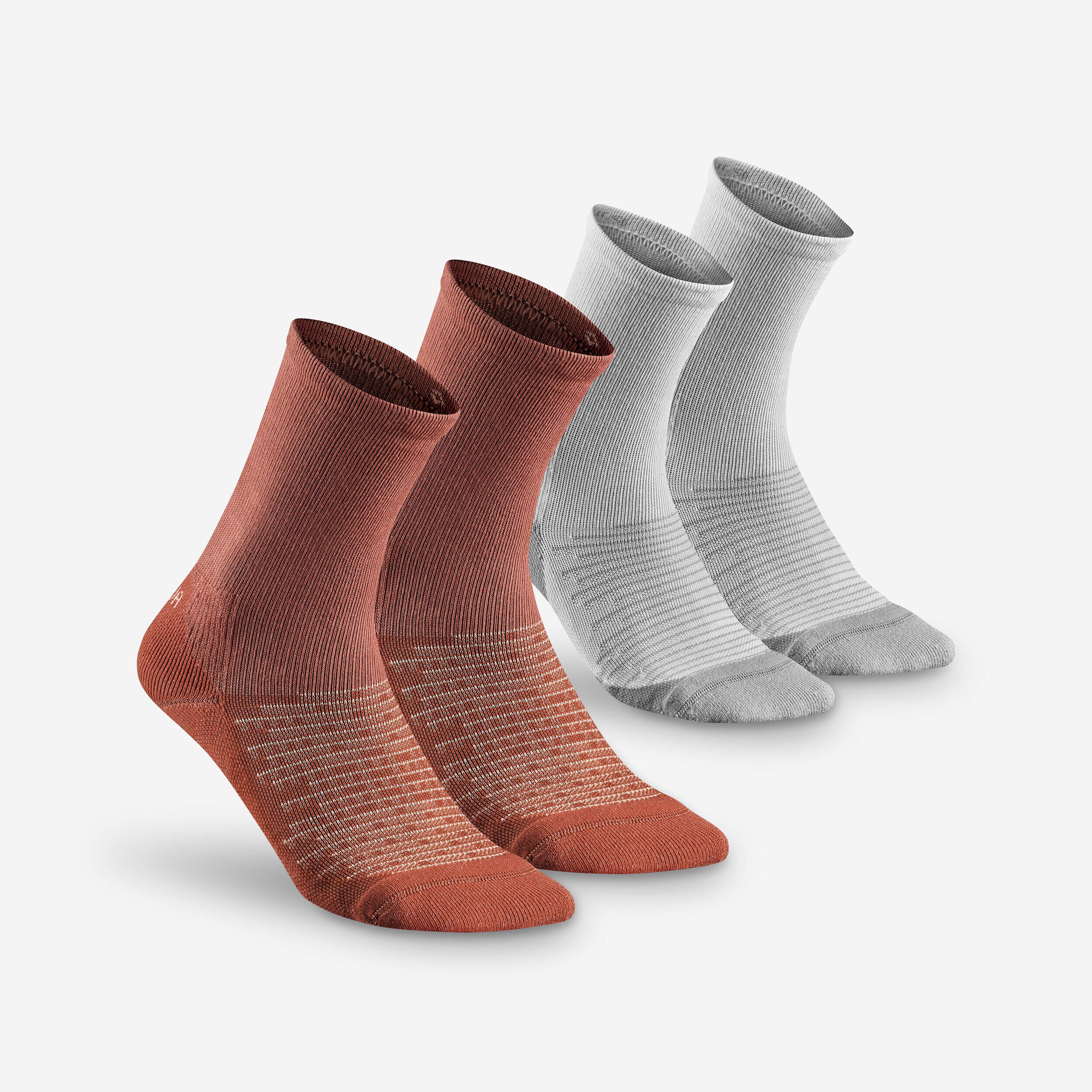 QUECHUA Sock Hike 100 High  - Pack of 2 Pairs - Linen and Terracotta