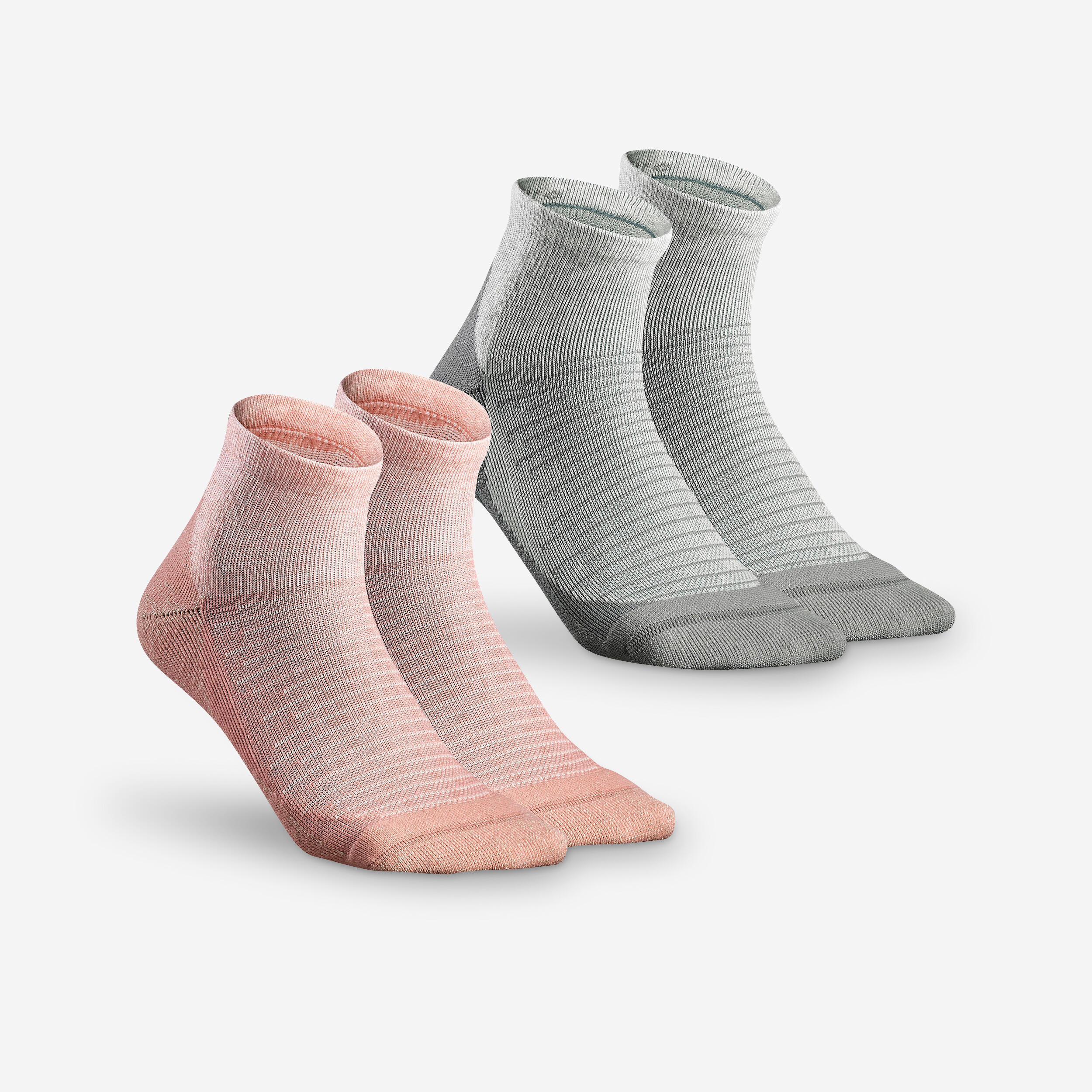 QUECHUA Hike 100 Mid Socks - Pink and Grey- Pack of 2