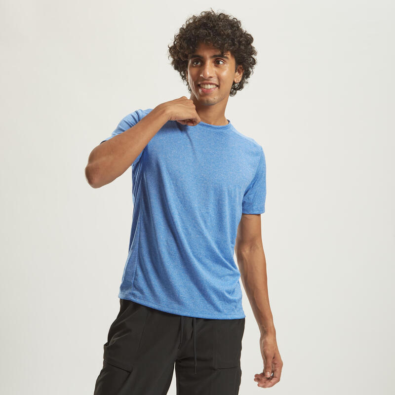 Basic fitness-T-shirt voor heren ronde hals ademend gemêleerd blauw