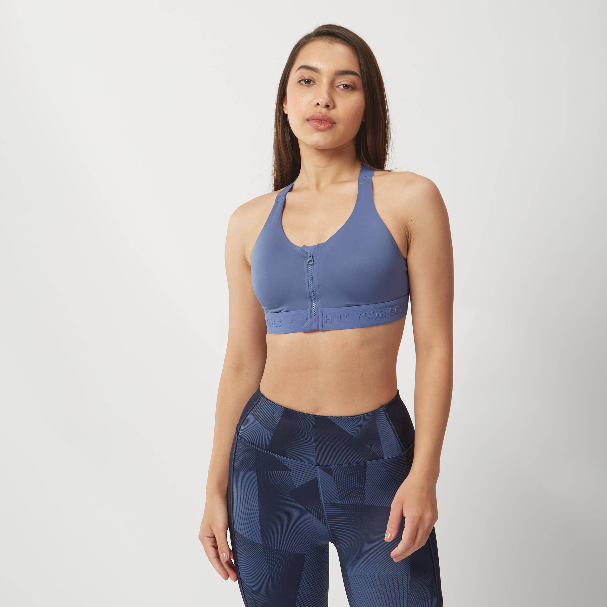 Women Sports Bra, Padded with Zip Detailing, High Support - Comet blue
