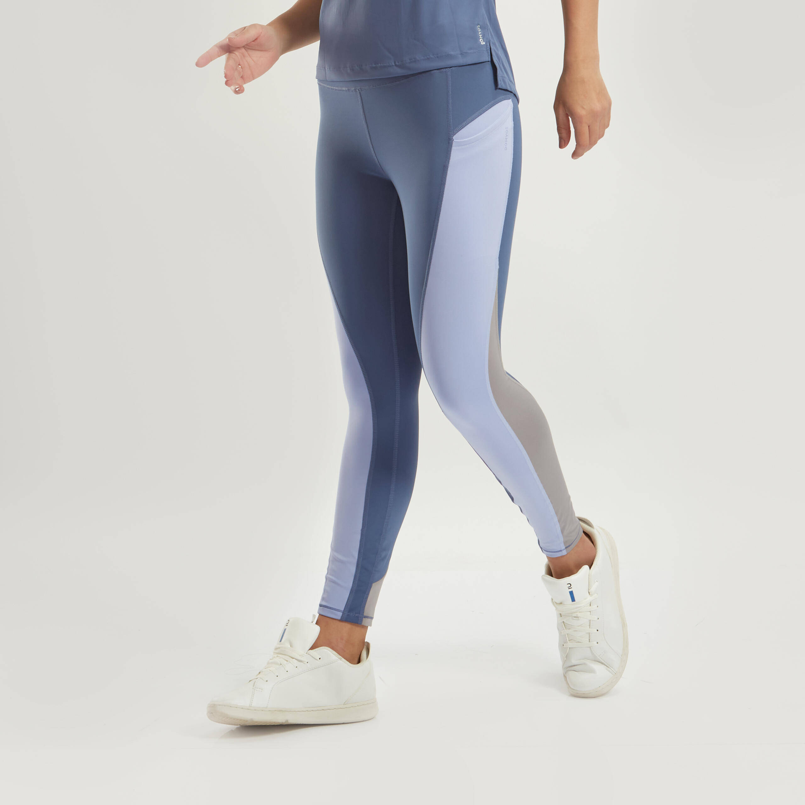 Women Gym Leggings High Waist - Colour Block Blue & Grey -  4