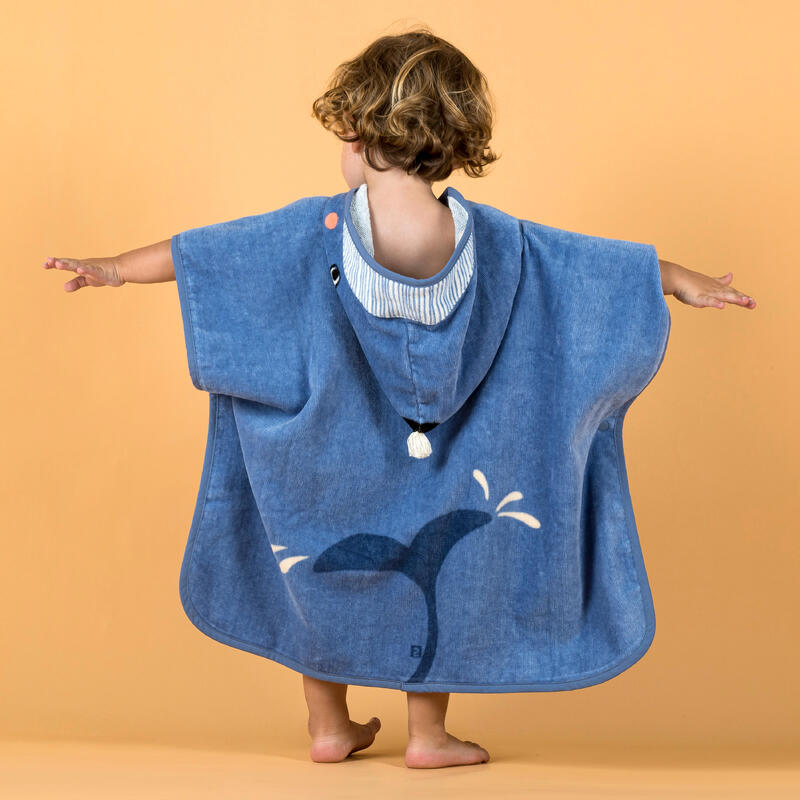 Badponcho voor peuters katoen walvis blauw