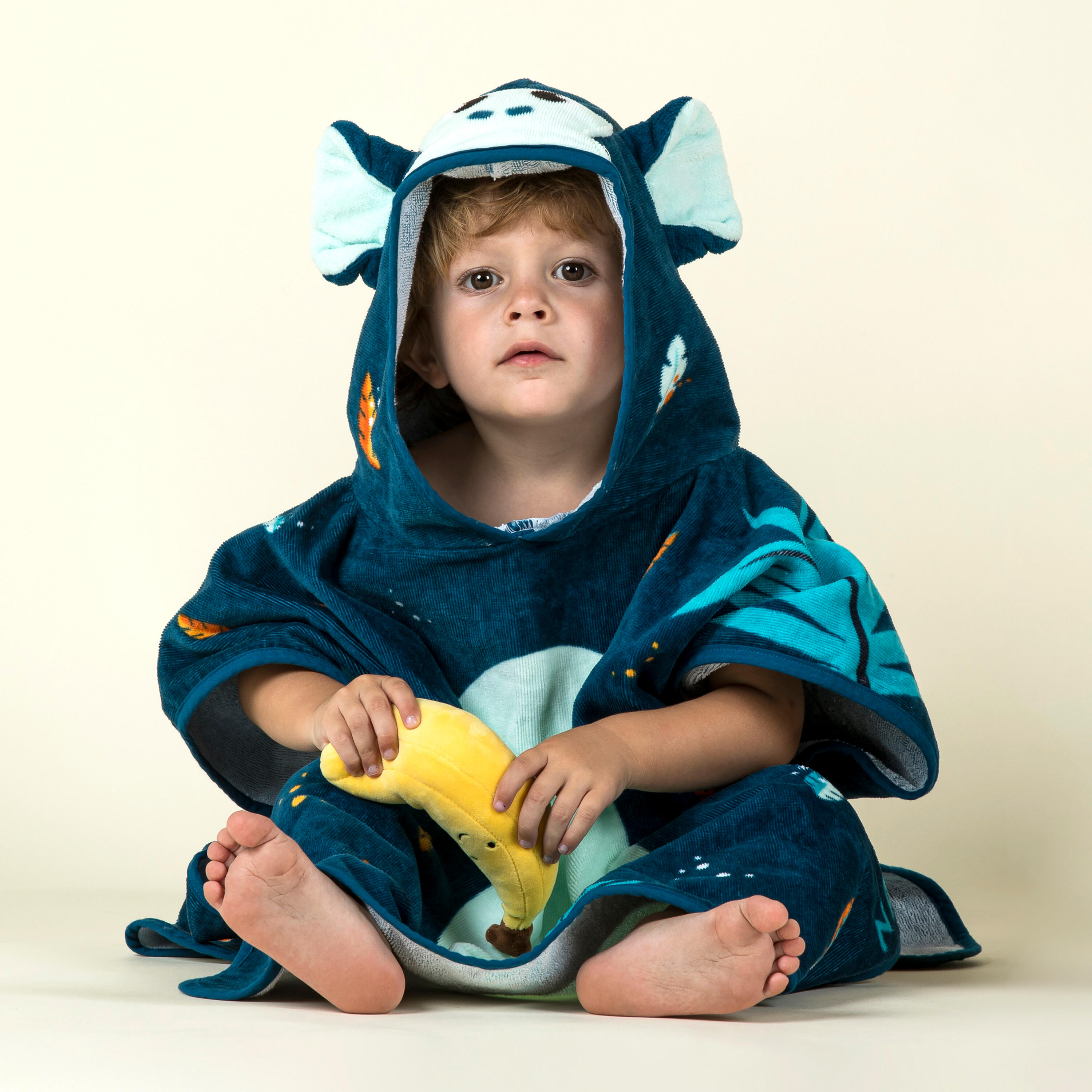 Poncho Baño Bebés Azul Oscuro Algodón Mono 3/7