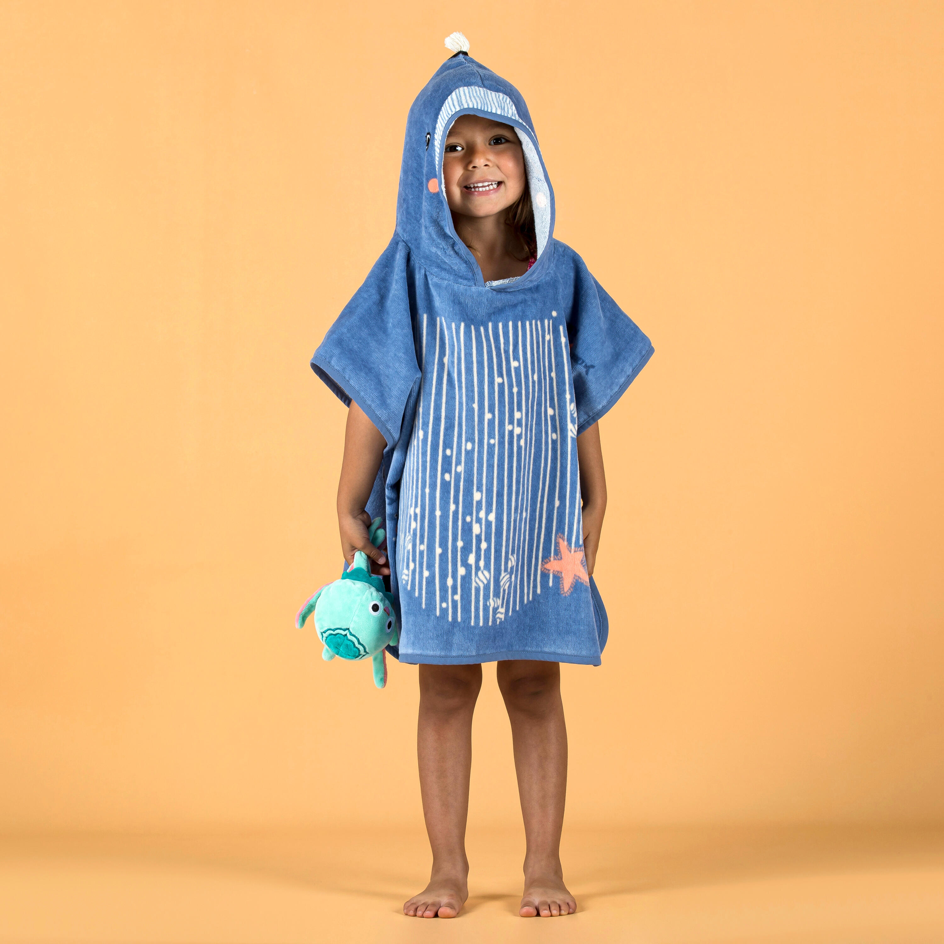 Poncho De Baie Bumbac Imprimeu Balena Albastru Bebe/copii