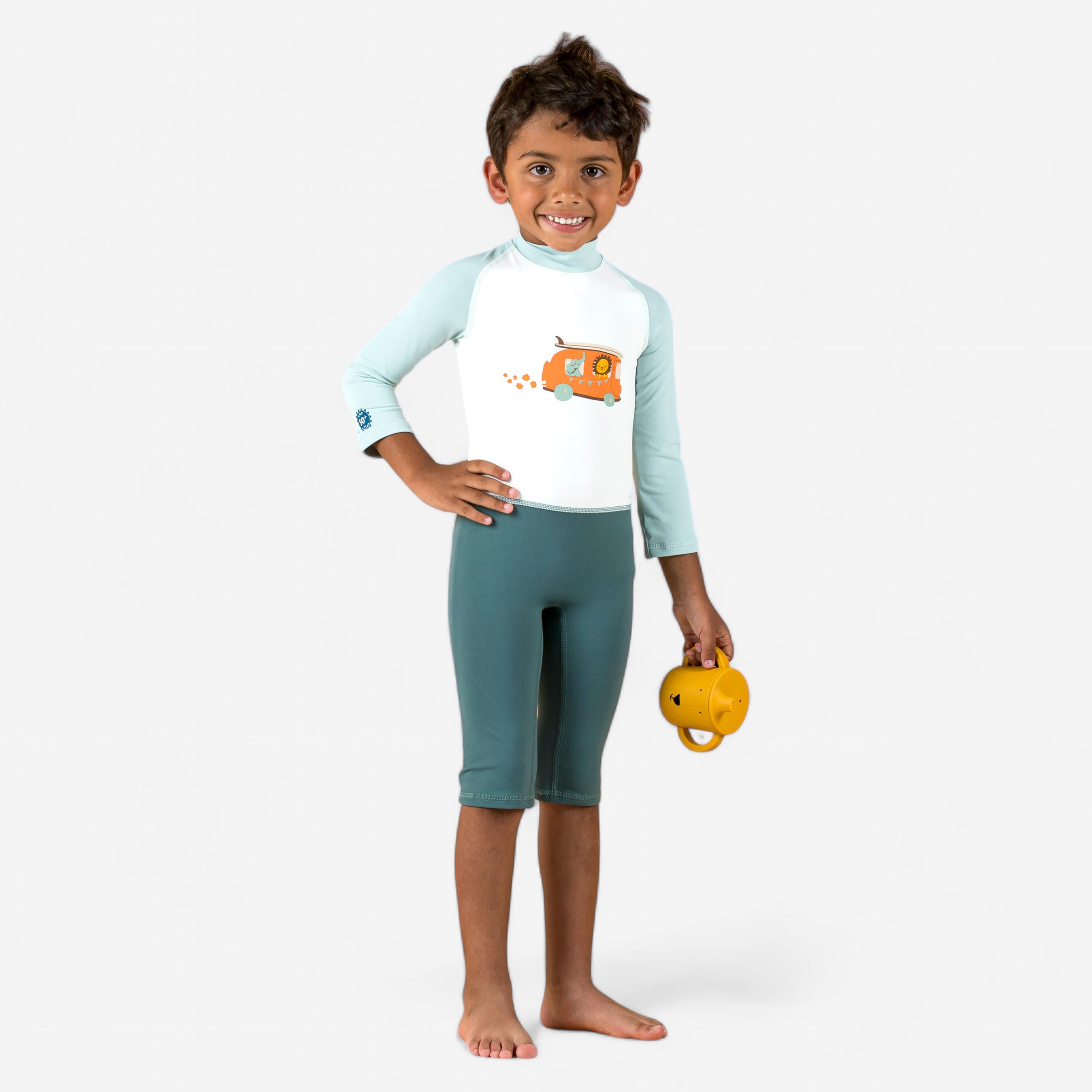 Nabaiji - Combinaison De Natation Anti Uv Bébé / Enfant Manches Longues Bleu Imprimé - Maillot De Bain Shorty - Natation - Blanc-vert - 2 Ans -