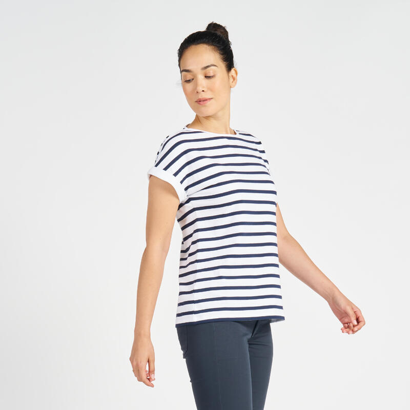 T-Shirt de vela estilo marinheira Sailing 100 Mulher Branco e Azul