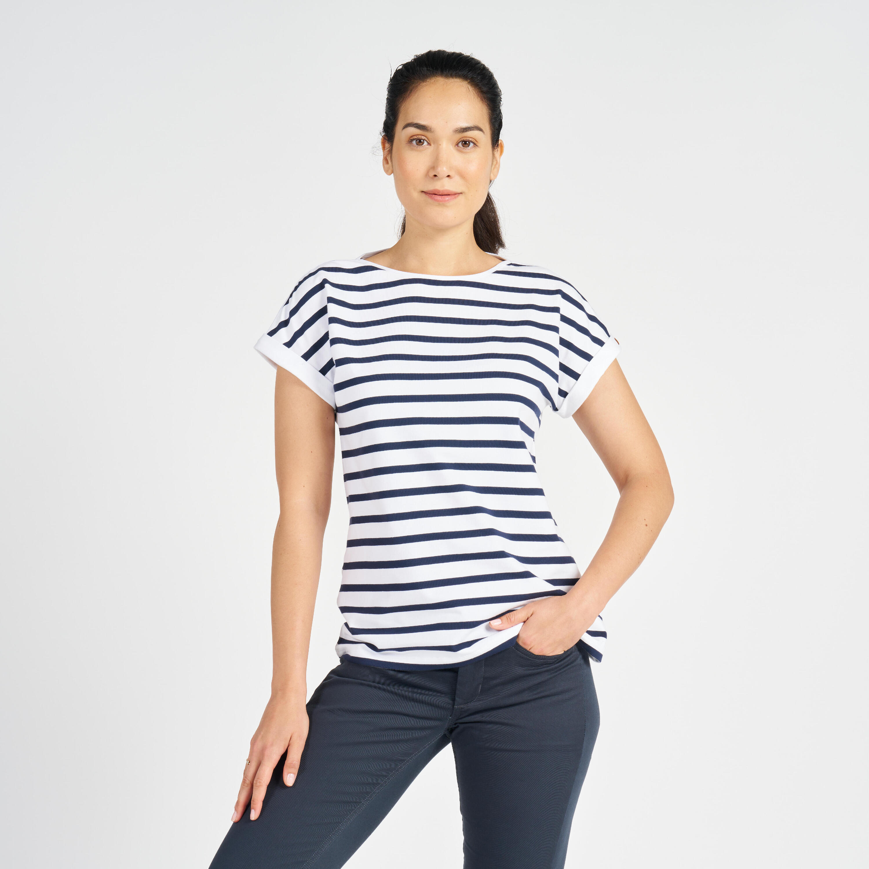 T-shirt manches courtes - marinière de voile sailing 100 femme blanc bleu 2/9