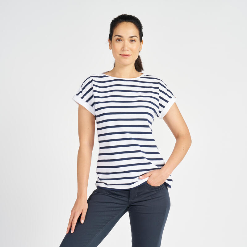 Gestreept T-shirt met korte mouwen voor zeilen dames Sailing 100 wit/blauw