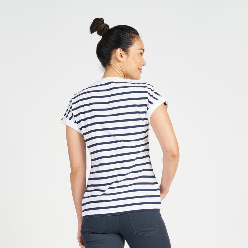 Gestreept T-shirt met korte mouwen voor zeilen dames Sailing 100 wit/blauw