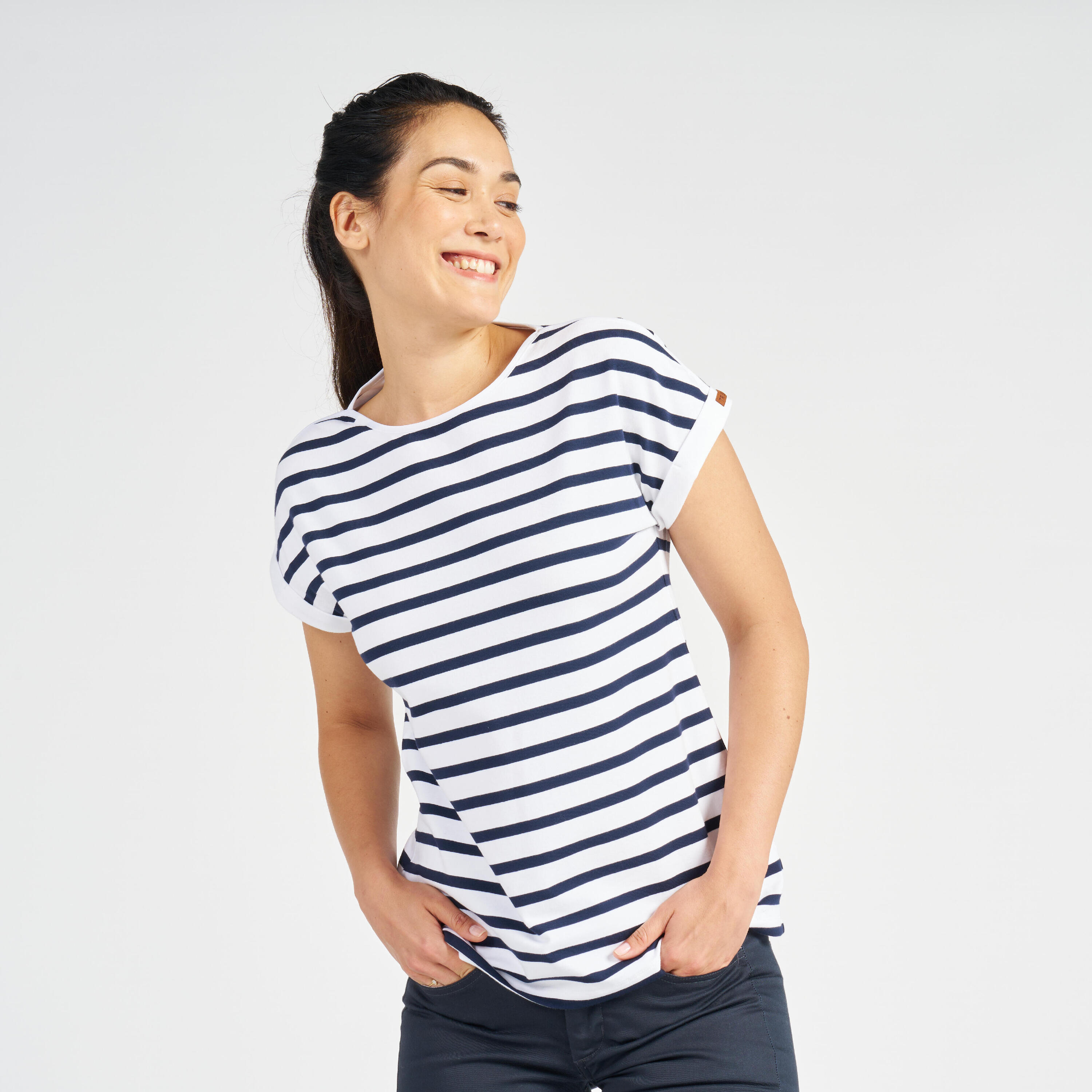 T-shirt manches courtes - marinière de voile sailing 100 femme blanc bleu 3/9