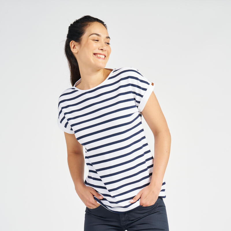 T-Shirt de vela estilo marinheira Sailing 100 Mulher Branco e Azul