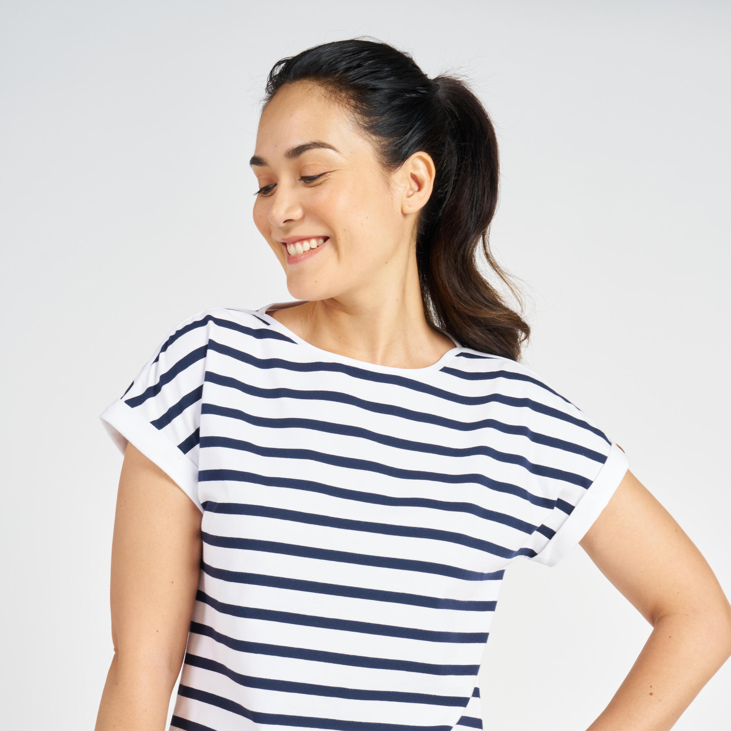 T-shirt manches courtes - marinière de voile sailing 100 femme blanc bleu 7/9