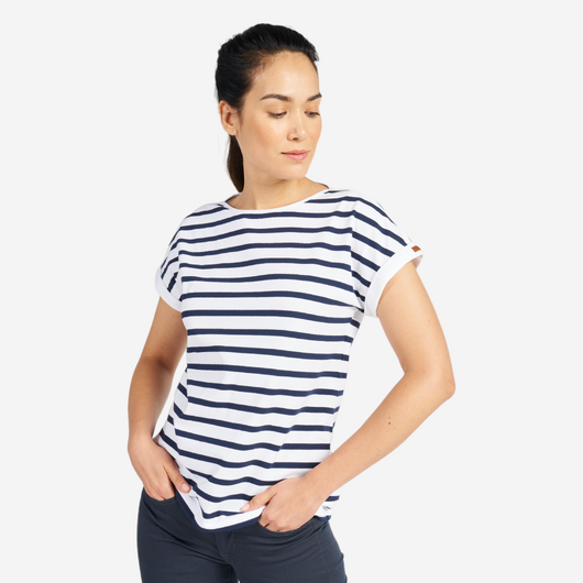 T-shirt manches courtes - marinière de voile sailing 100 femme blanc bleu