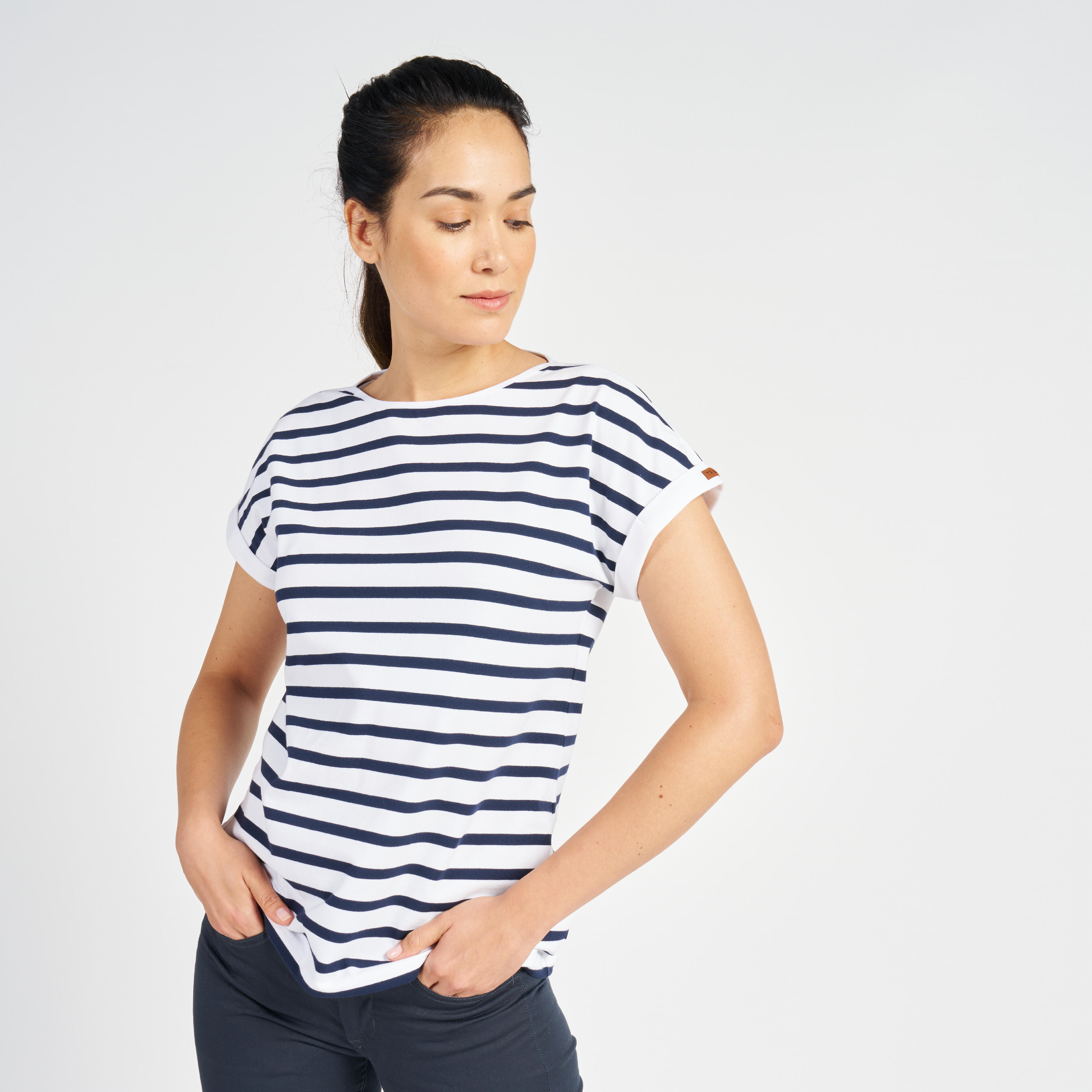 Maglietta a maniche corte - Maglia da marinaio Sailing 100 donna Bianco blu