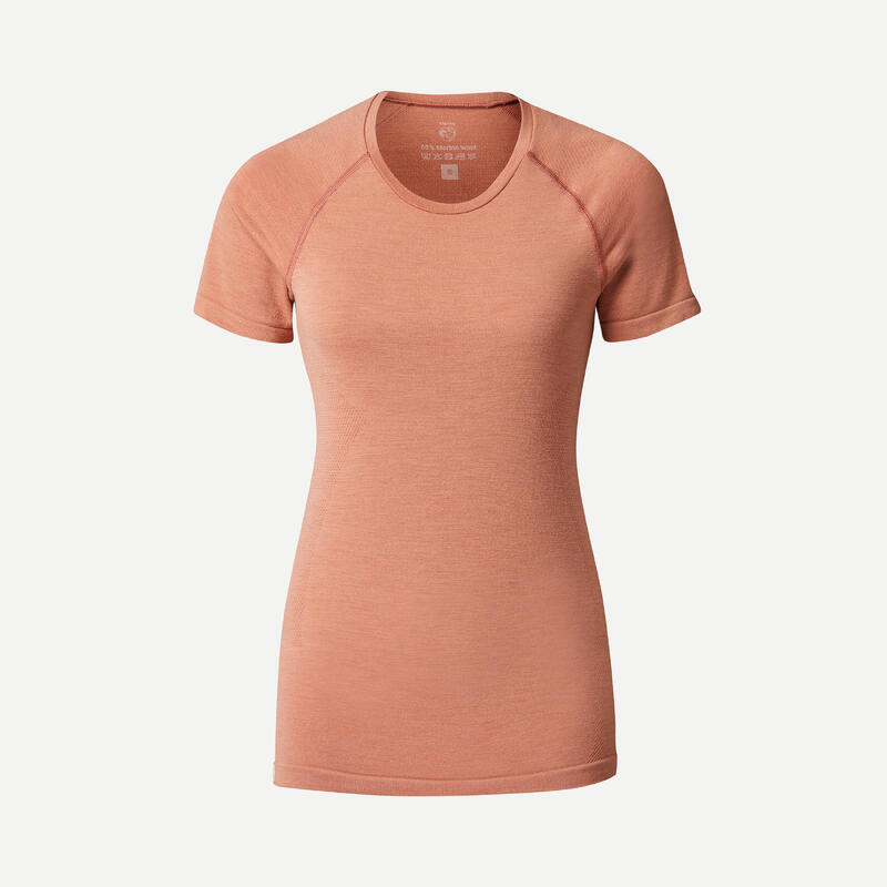 Seamless trekkingshirt met korte mouwen voor dames MT900 merinowol perzikroze