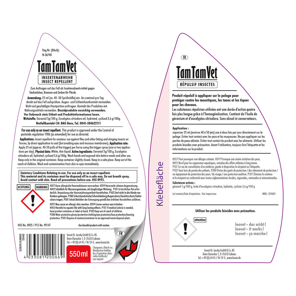 Žirgų ir ponių vabzdžių repelentas „Tam Tam Vet“, 550 ml