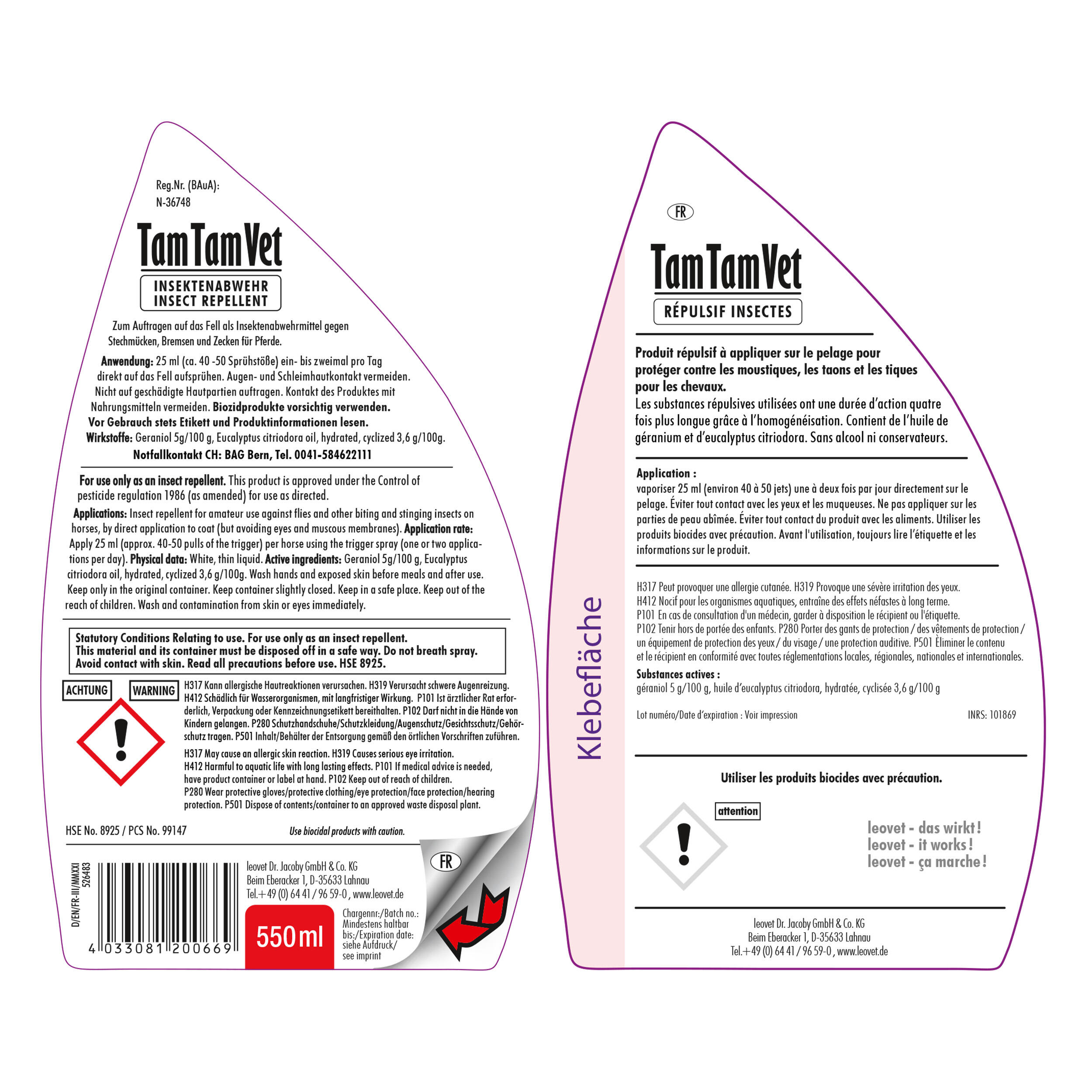 Insectenwerende spray voor paarden en pony's Tam Tam Vet 550 ml 3/4