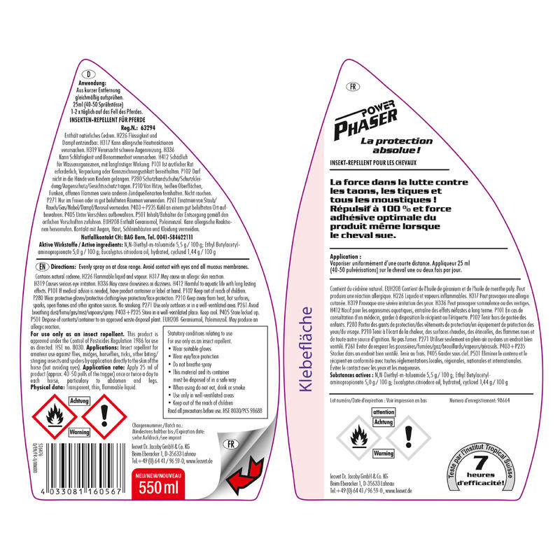 Répulsif anti-insecte spray Cheval et Poney - POWER PHASER LEOVET 550 ml