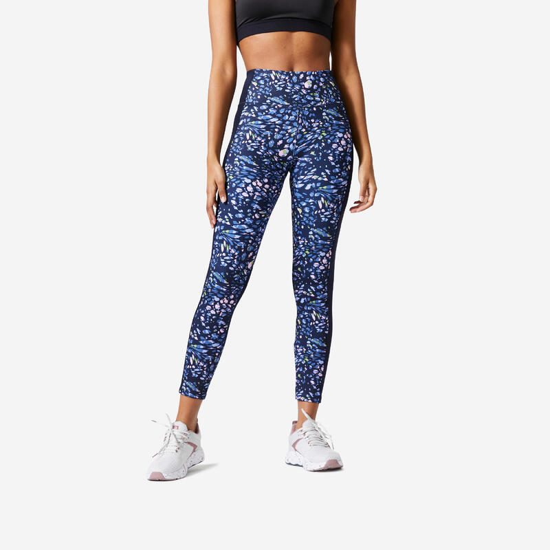 Women's phone pocket fitness highwaisted leggings, blue mix DOMYOS