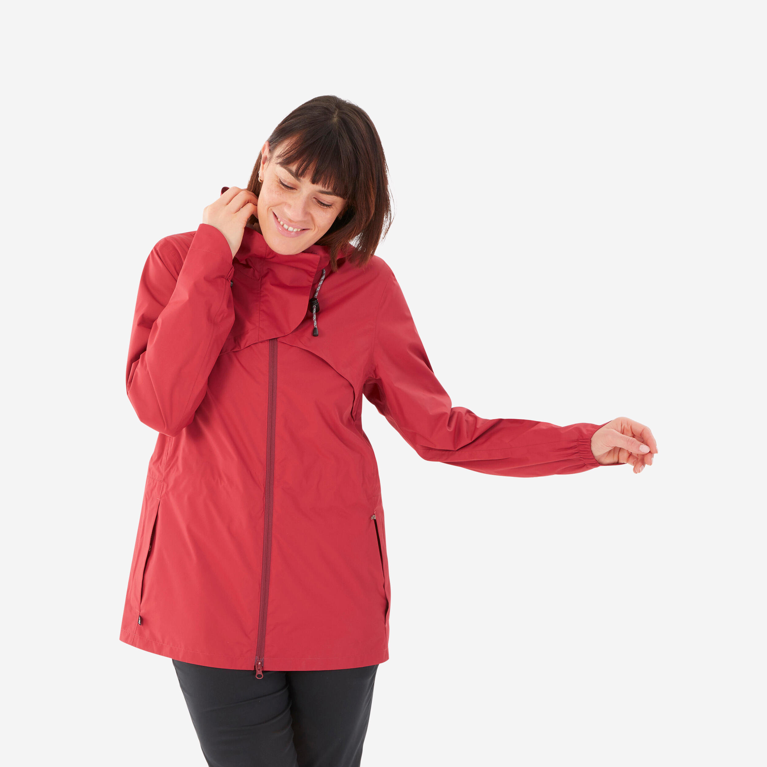 QUECHUA Hiking Raincoat - NH500 Waterproof Jacket - Women - Ruby Red