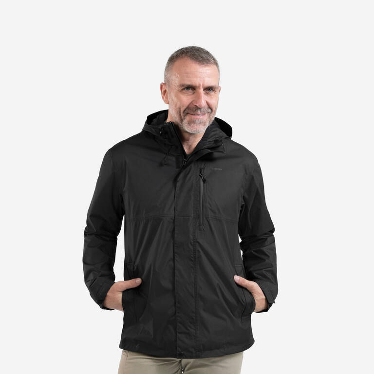 Men Full Zip Rain Jacket with Watertight Chest Pocket Black - NH500