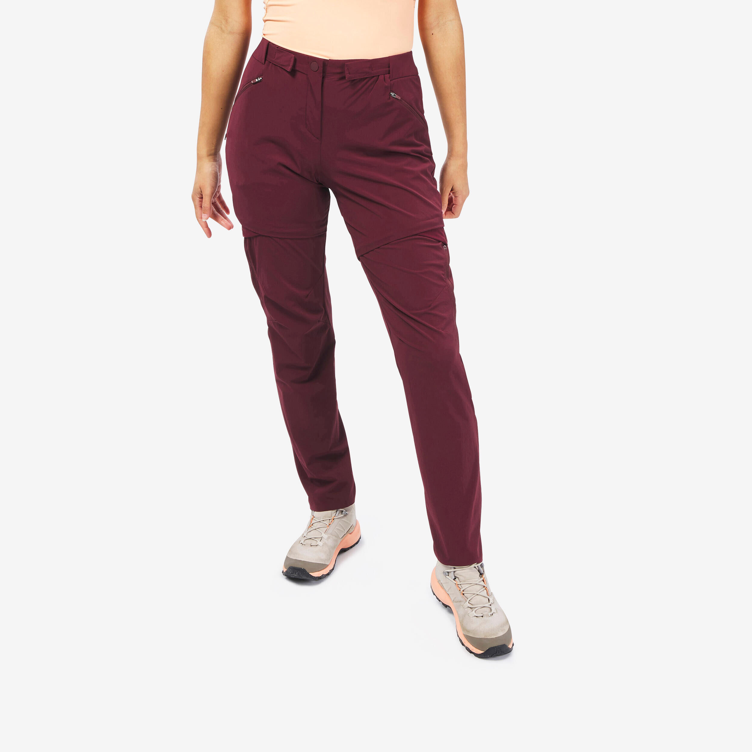 QUECHUA Women's Convertible Mountain Walking Trousers - MH550 - Bordeaux 