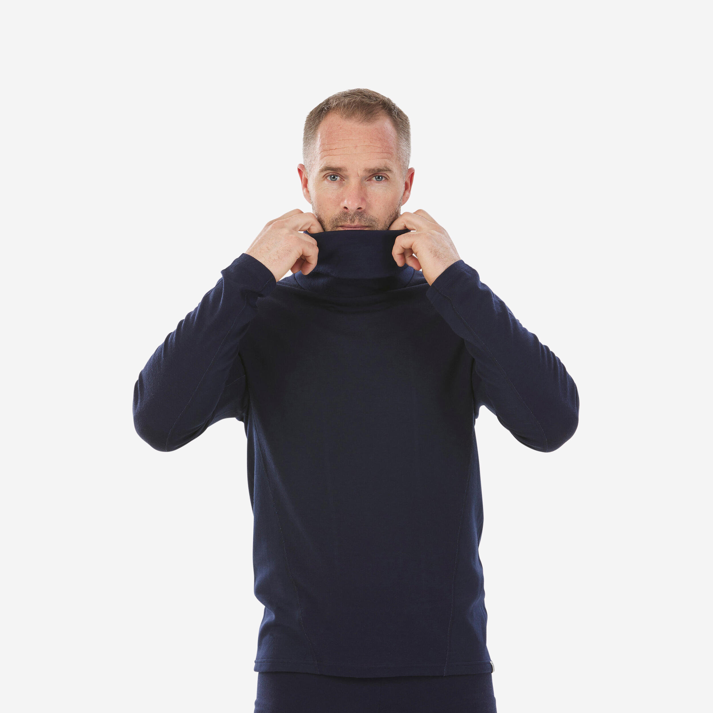 Men's wool turtleneck ski underwear, BL500 navy blue top