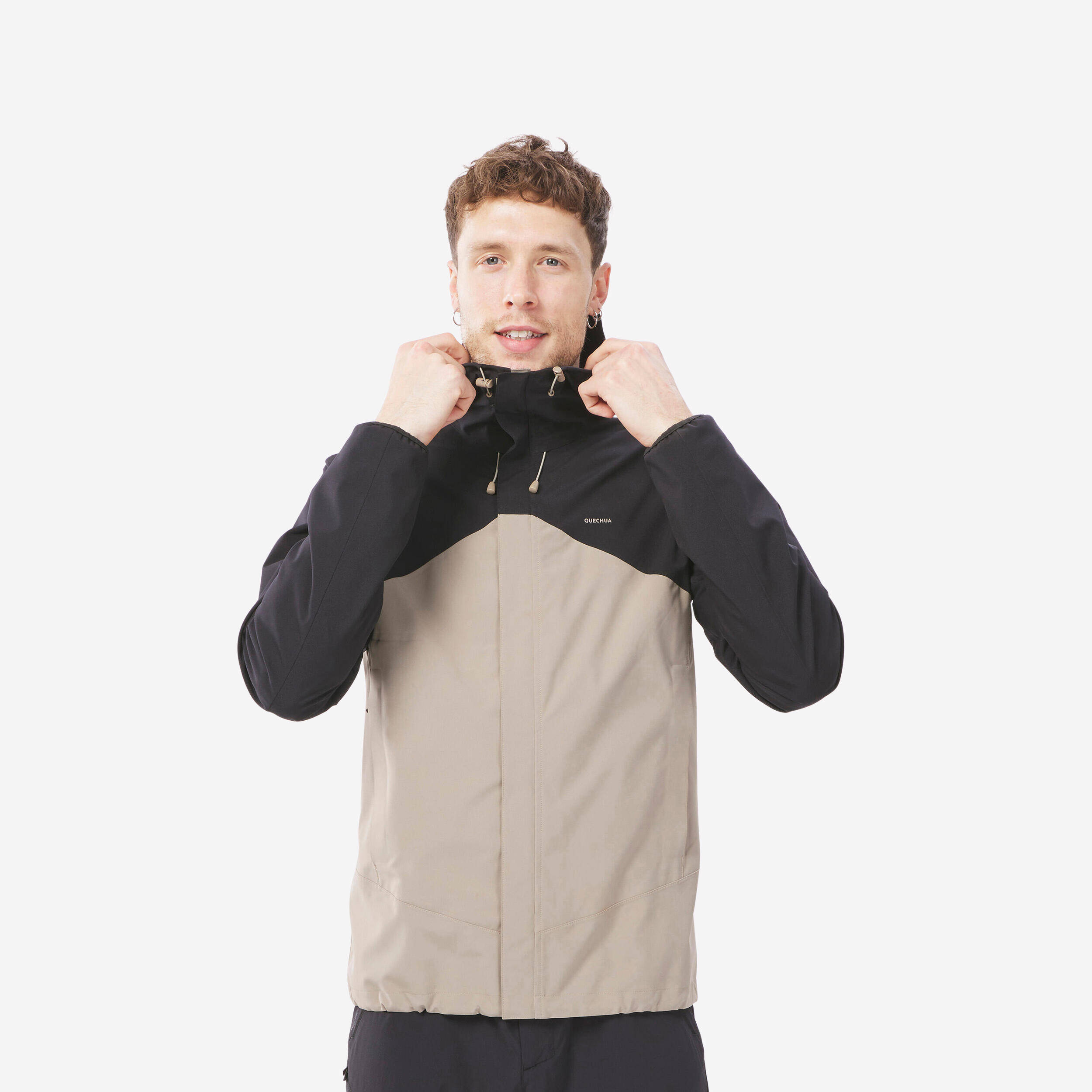Raincoat Men Full Zip Waterproof Hiking Rain Jacket and Windcheater MH150 - Beige  -  1