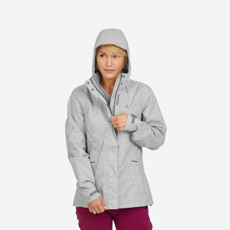 Women Full Zip Rain Jacket with Secure Chest Pocket Dusk Grey - NH500
