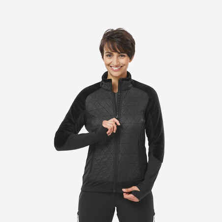 Črna ženska hibridna pohodniška jakna iz flisa SH900 MOUNTAIN