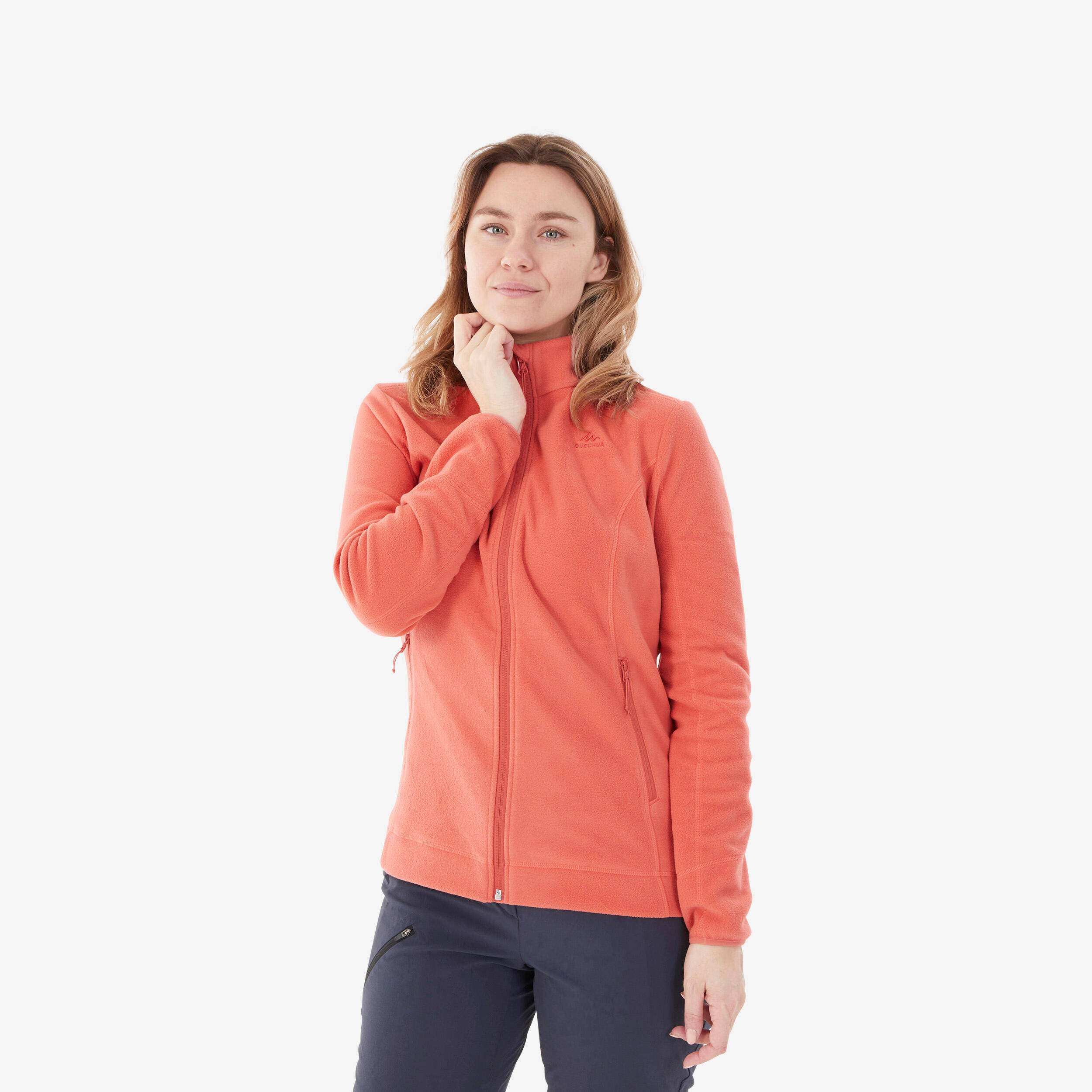 Women’s mountain hiking fleece jacket, MH100 Full Zip - Orange -  1