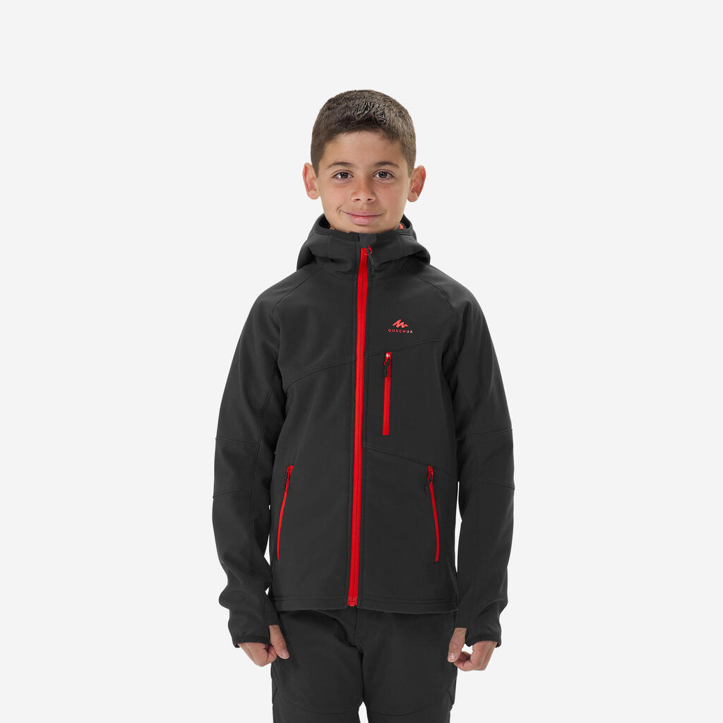 KIDS’ SOFTSHELL HIKING JACKET - MH550 BLACK RED - 7–15 YEARS