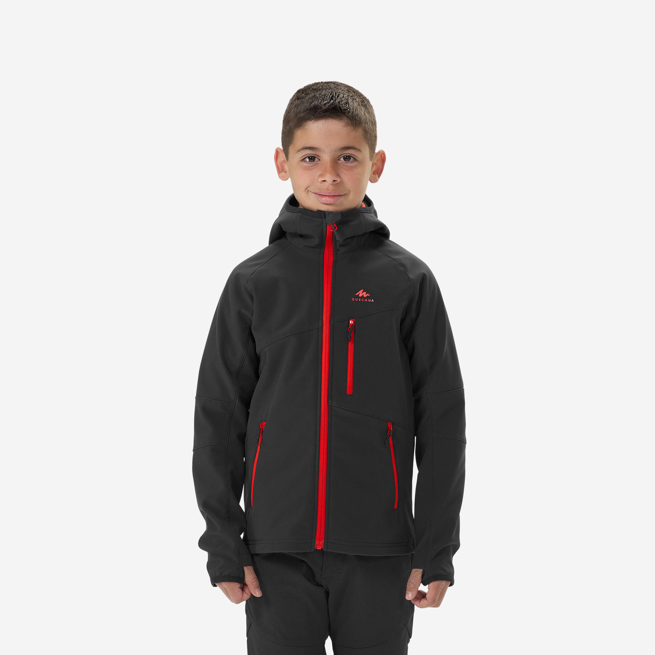QUECHUA KIDS’ SOFTSHELL HIKING JACKET - MH550 BLACK RED - 7–15 YEARS