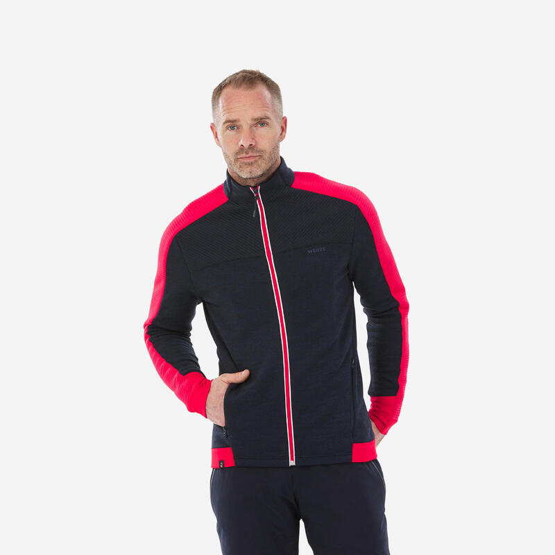 Casaco polar de ski em lã de merino homem - 500 warm - azul marinho / vermelho