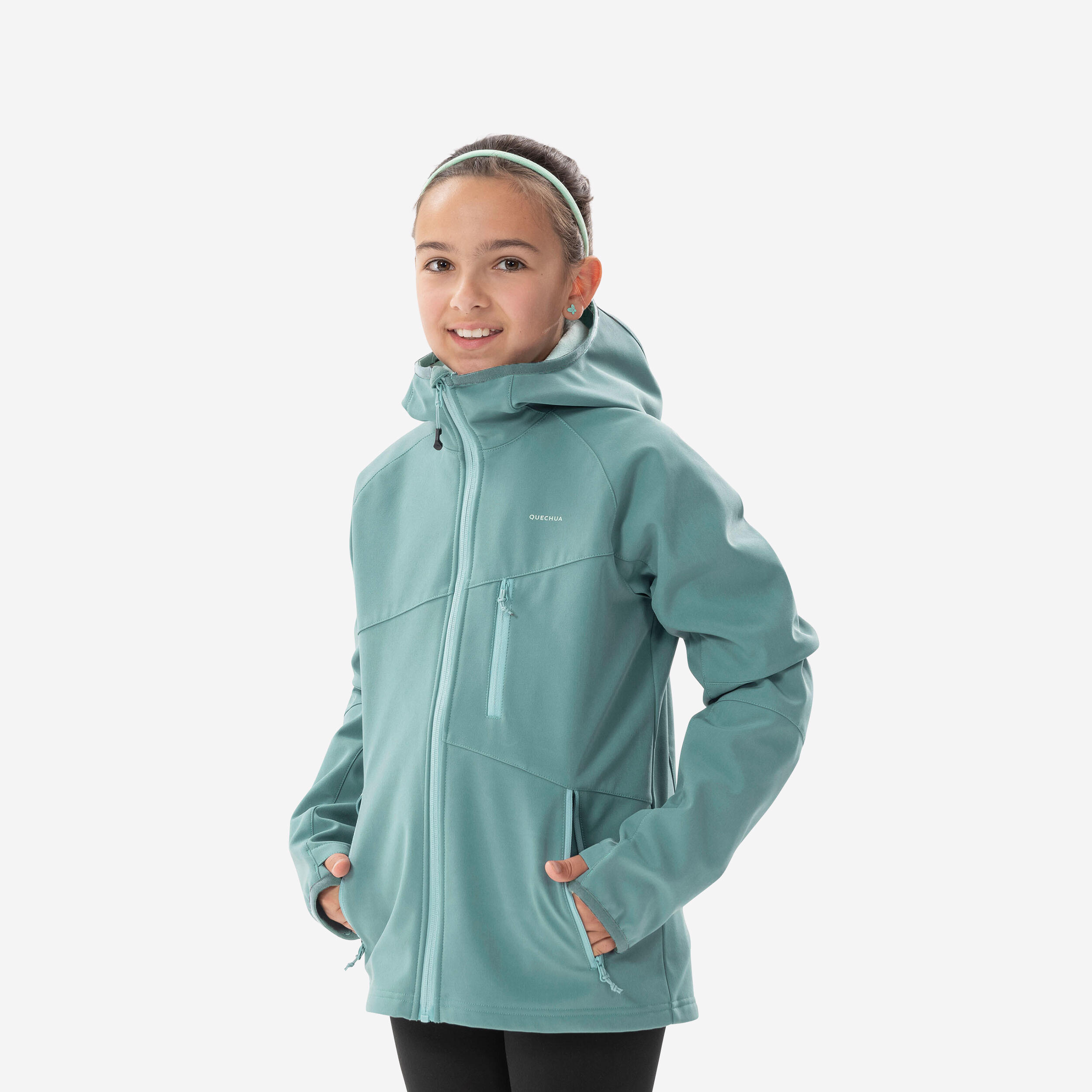 SOFTSHELL HIKING JACKET - MH550 PASTEL GREEN - CHILDREN 7-15 YEARS