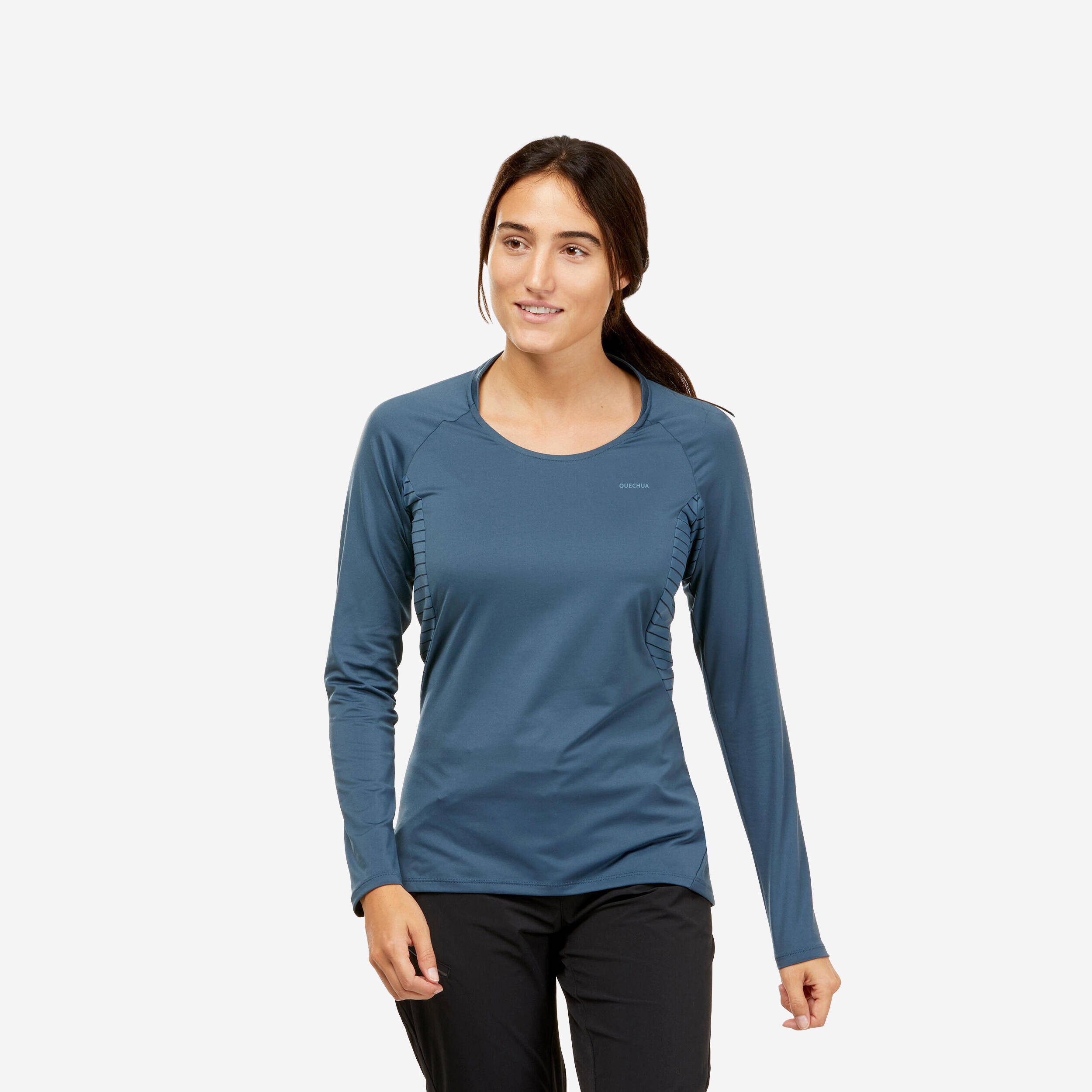 Women Mountain Hiking Long-Sleeved T-Shirt MH550 Blue/Grey -  1