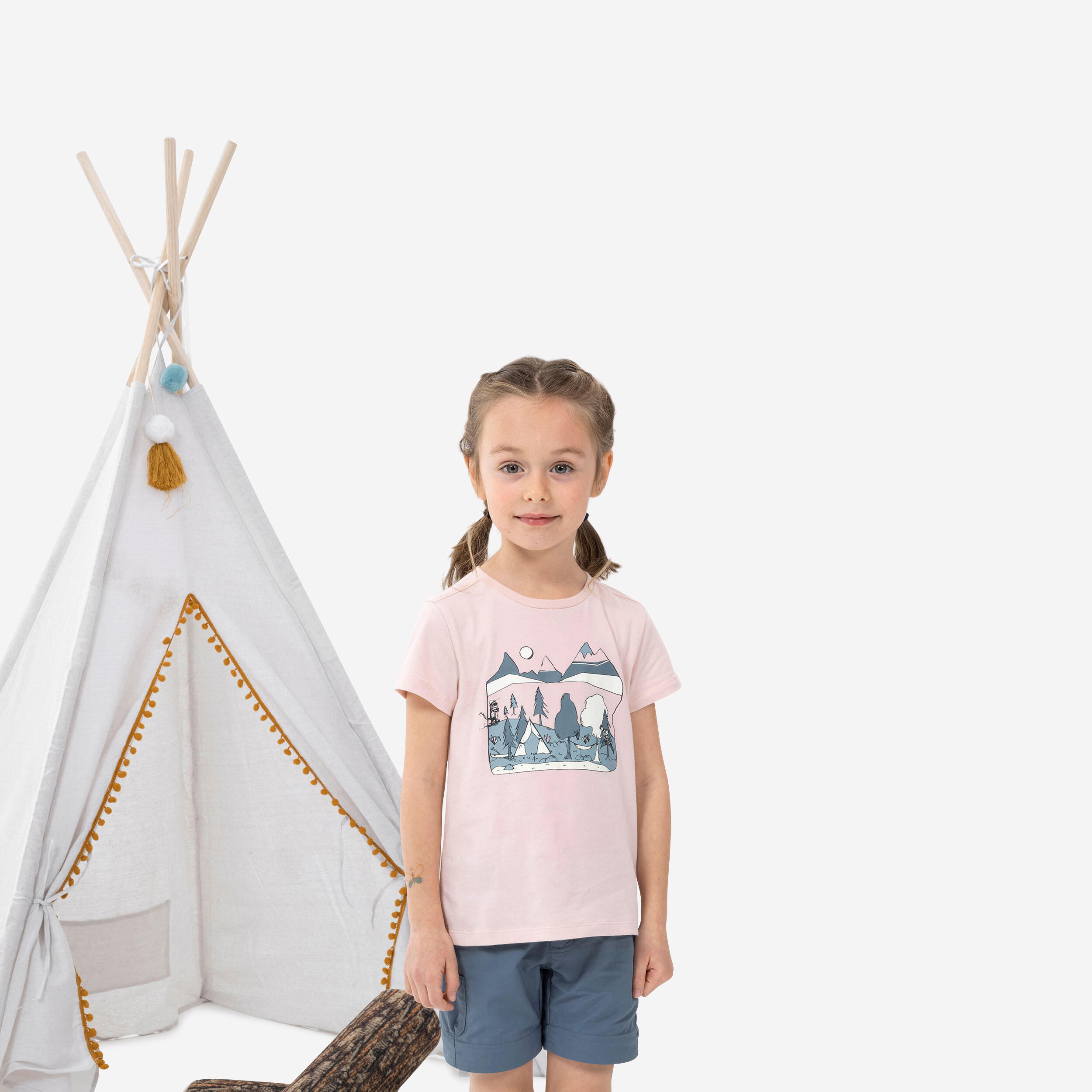 Kids' Hiking T-Shirt - MH100 KID Aged 2-6 - Phosphorescent Pale Pink 1/4