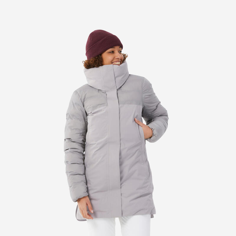 Warme lange ski-jas voor dames 500 lichtgrijs