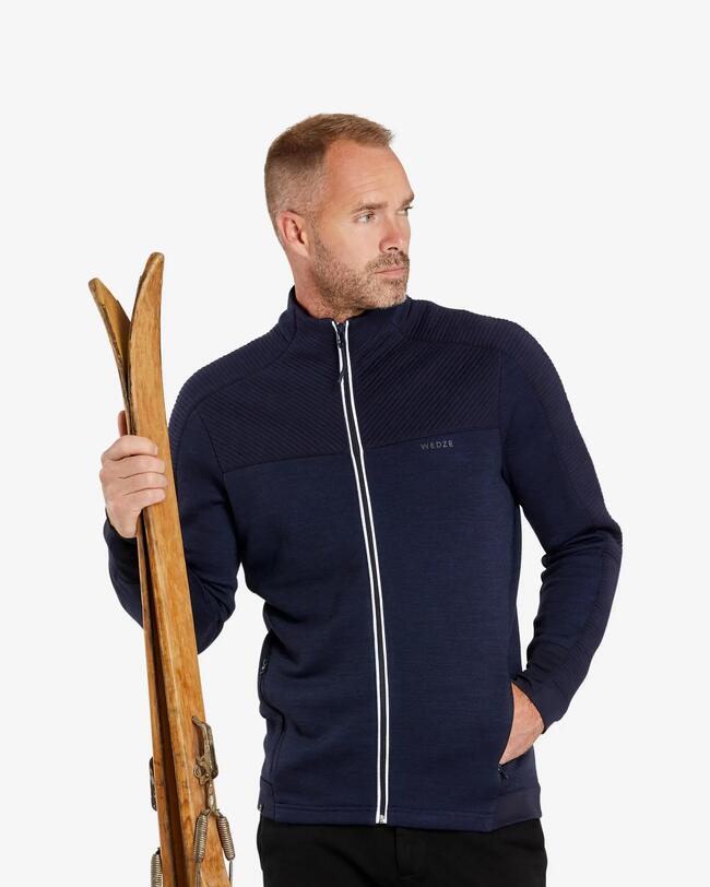 Veste de ski en laine mérinos et polaire homme 500 Warm - marine/blanc