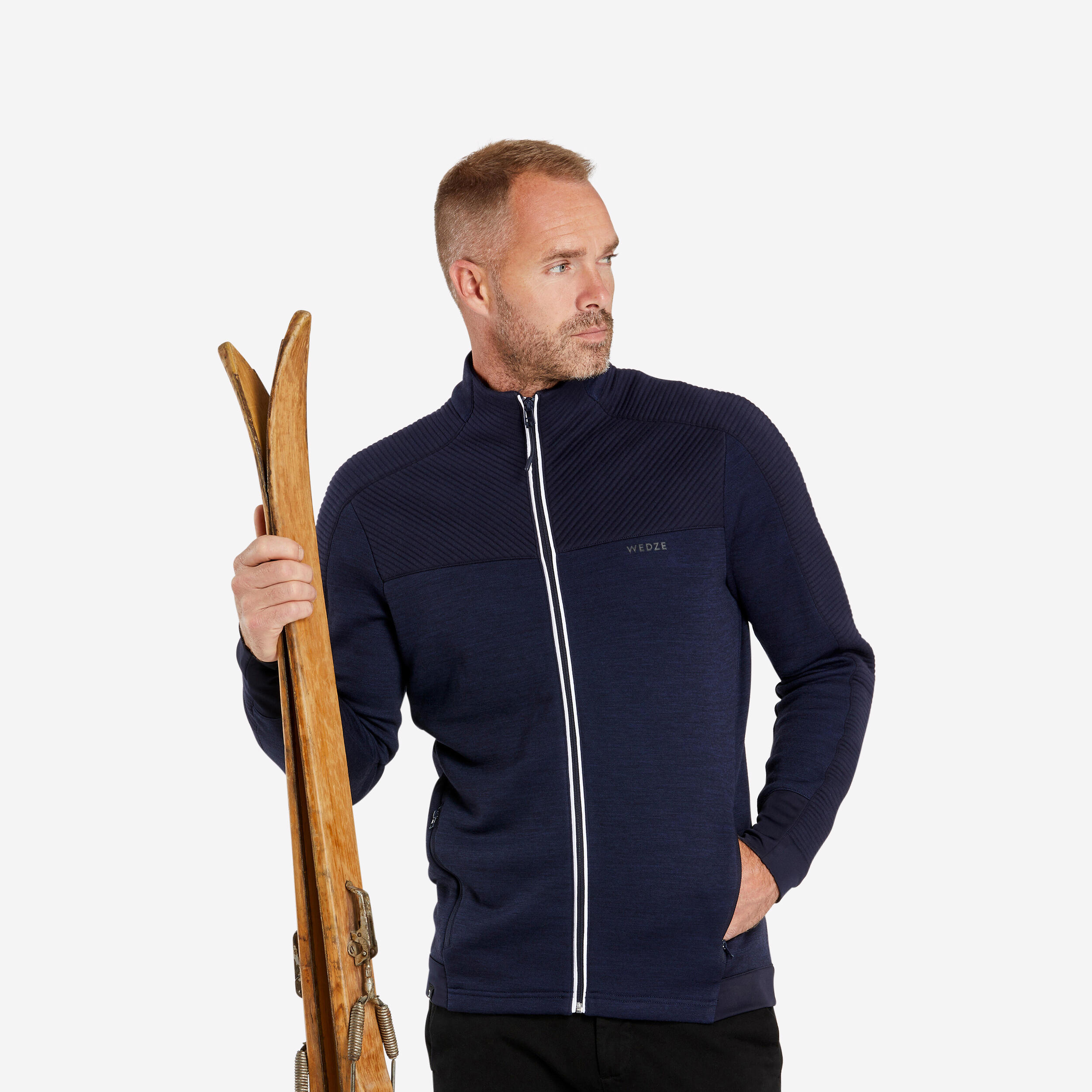 pull zippé de ski laine mérinos homme - 500 wool marine et blanc - wedze