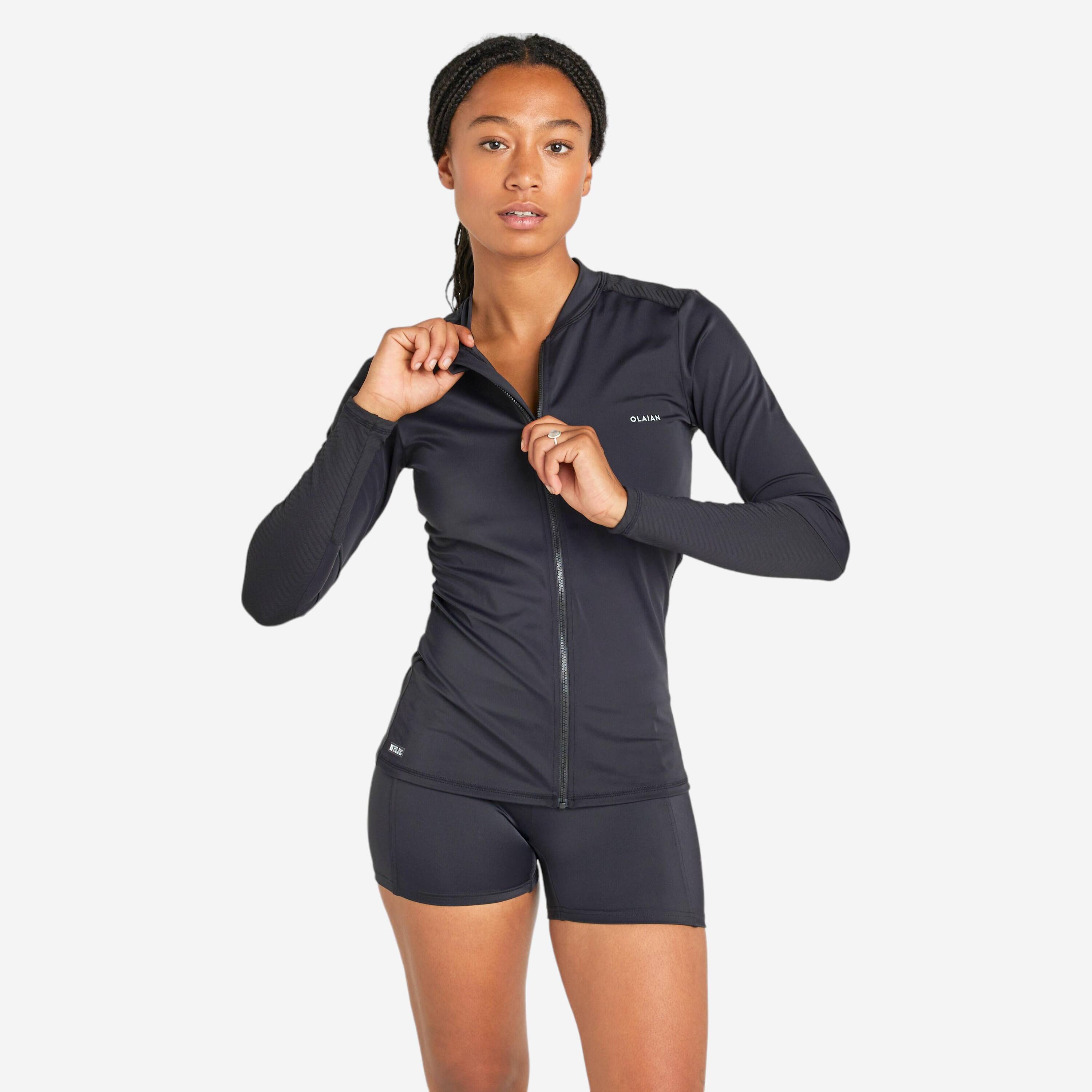 Women Beachwear Full Zip UV Protection UPF50+ Surfing Rashguard T-shirt Black -  3