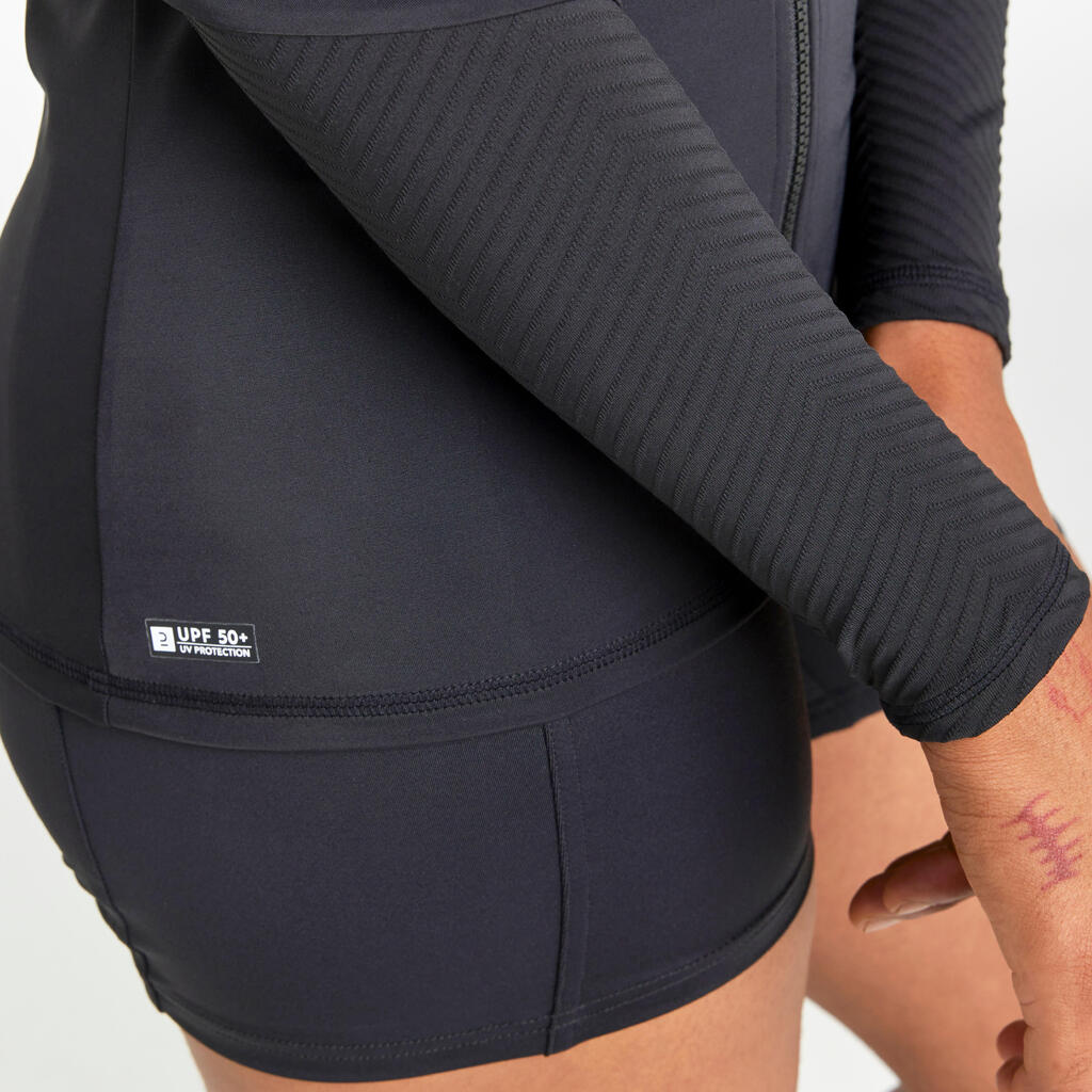 חולצה ארוכה עם הגנת UV ורוכסן מלא לנשים - 500 שחור כתום