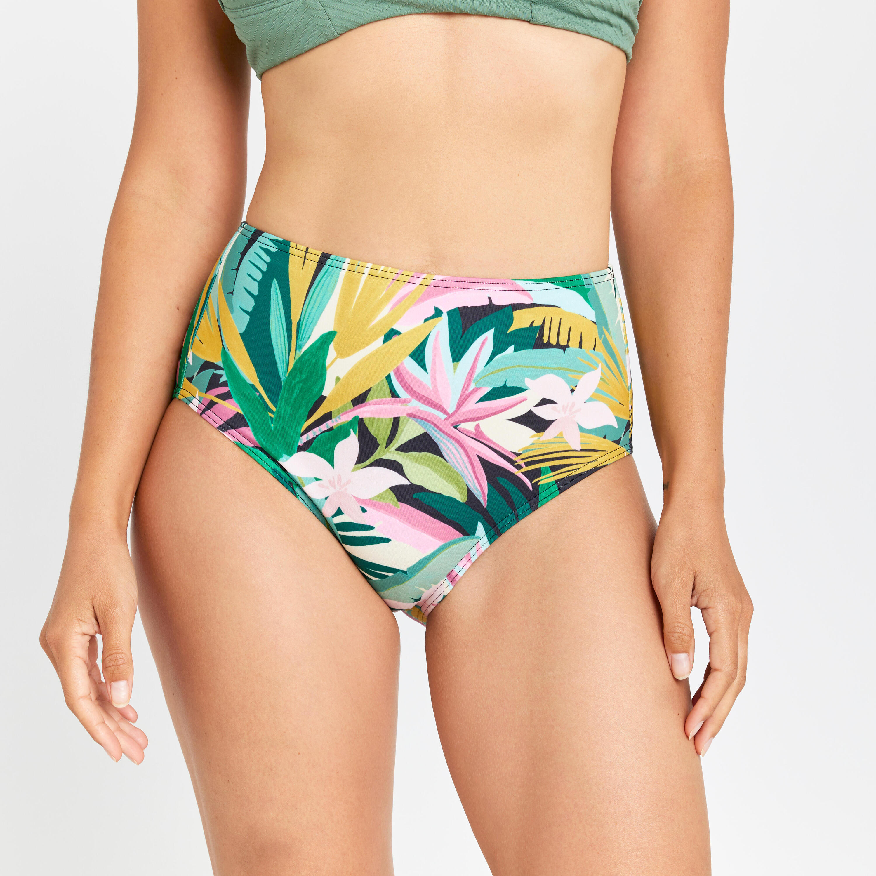 Women's high-waisted briefs swimsuit bottoms - Romi tropical green 1/6