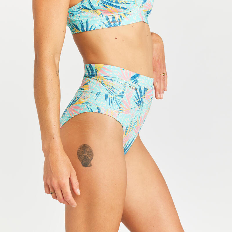 Bikinibroekje met hoge taille voor surfen dames Rosa leoplant turkoois