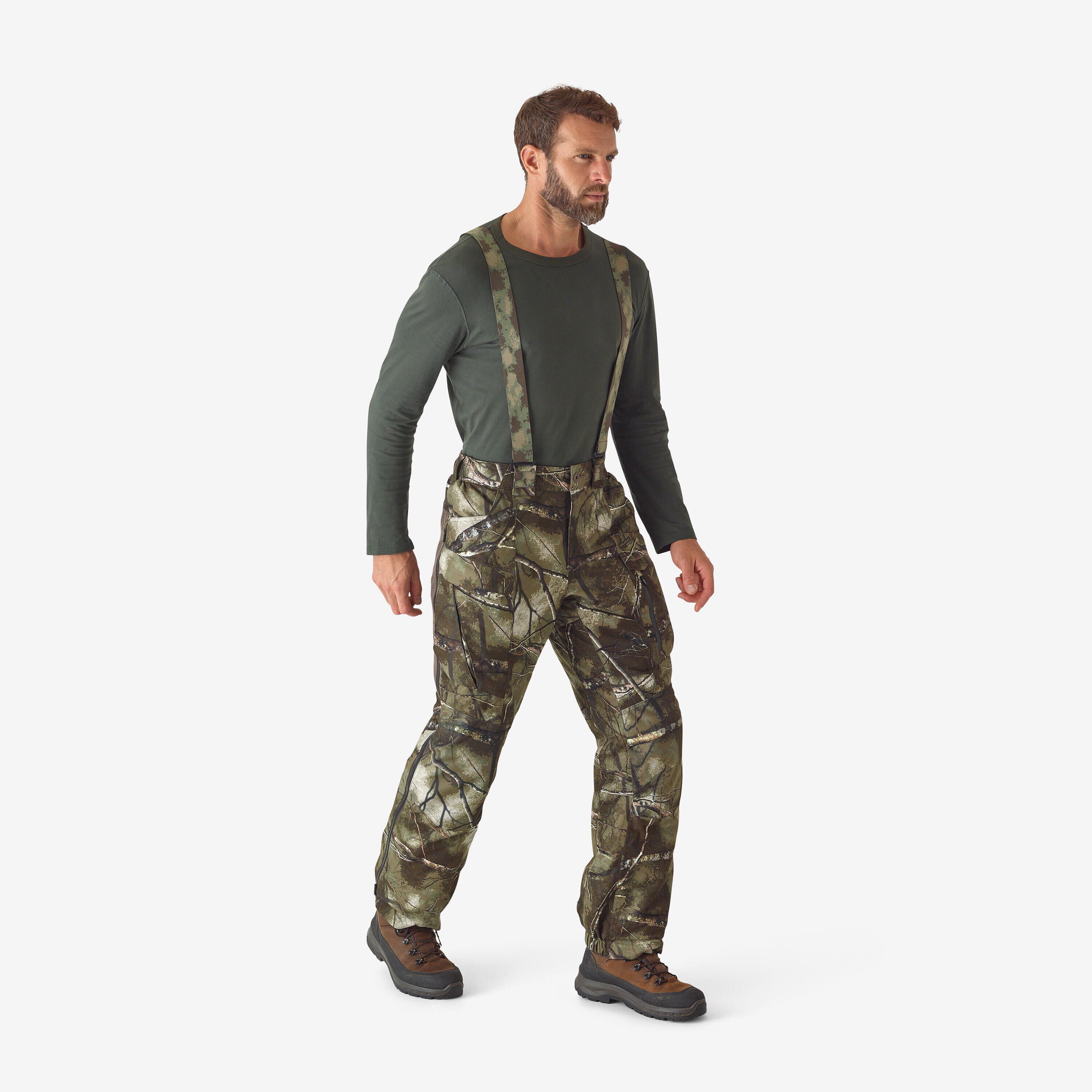 SOLOGNAC TROUSERS WITH STRAPS WARM WATERPROOF AND SILENT 900 TREEMETIC CAMOUFLAGE