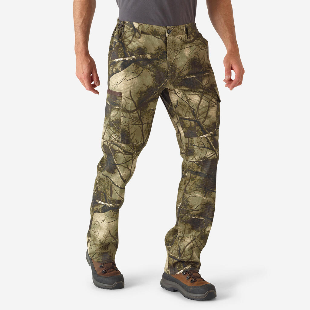 PANTALON CHASSE 100 RESPIRANT SILENCIEUX COTON CAMOUFLAGE FORET