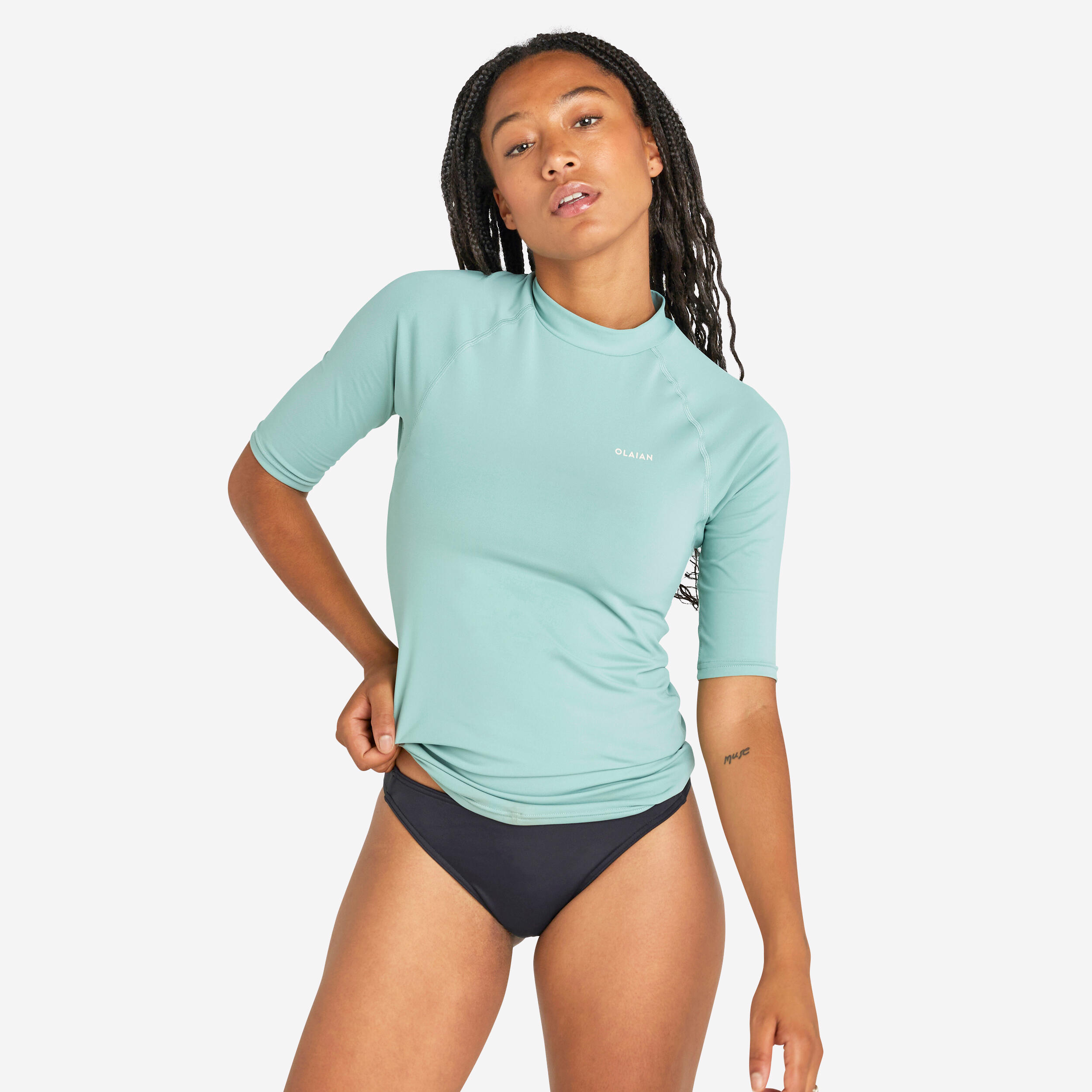 Women's anti-UV short-sleeve surf top T-shirt 100 - light khaki OLAIAN